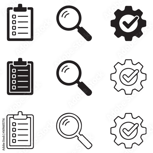 Set of three rows and three columns of icons including clipboard checklist magnifying glass and gear with checkmark Keywords: icon set checklist clipboard magnifying glass search gear cogwheel