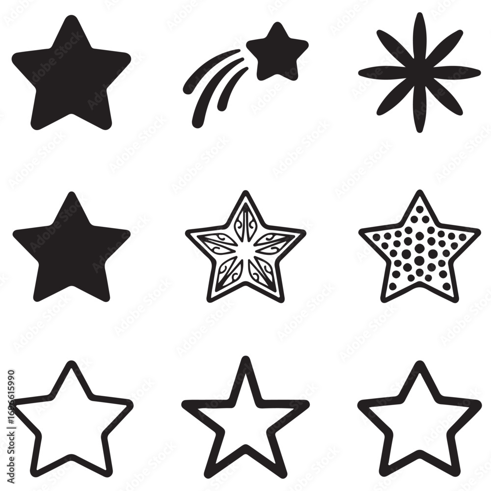 Obraz premium Star Icons Featuring Solid Outline Decorative and Shooting Stars Keywords: star, stars, shooting star, comet, celestial, night sky, sparkle, twinkle, shine, outline, solid, decorative, pattern