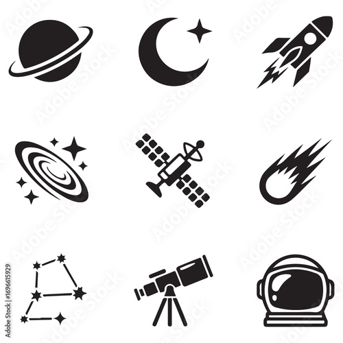 Space Exploration and Astronomy Icons Set with Planets and Astronaut Helmet Keywords: space, astronomy, planet, saturn, ring, crescent moon, star, rocket, spaceship, galaxy, spiral, nebula
