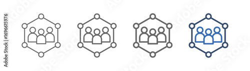 
outline icon set participant with hexagonal design and three humans in the middle