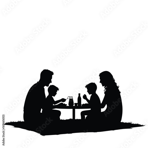 Family picnic silhouette with two boys and parents on grass Keywords: family, picnic, silhouette