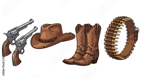 Classic Cowboy Gear: Revolvers, Hat, Boots, and Bullet Belt Illustration