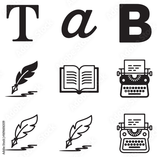 Typography and Writing Icons including Typewriter Feather Quill and Open Book Keywords: typography, writing, text, font, letter, T, alpha, beta, B, uppercase, lowercase, script, italic, typewriter