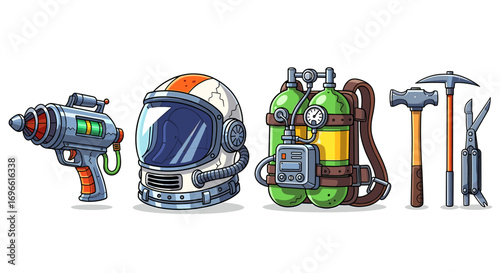 Cartoon Exploration Gear: Tools for Space and Wilderness Adventures