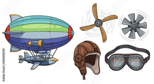 Whimsical Airship and Pilot Gear: Cartoon Illustration with Aviation Elements