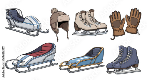 Winter Fun Cartoon: Sleds, Ice Skates, Winter Hat, Gloves Set
