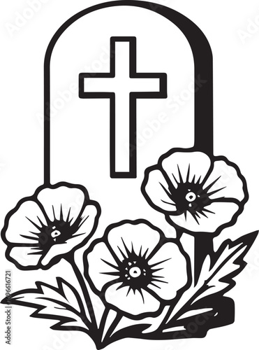 In Memoriam: A simple yet deeply symbolic illustration of a gravestone adorned with a cross and delicate poppy flowers, evoking feelings of remembrance, peace, and solemnity. 