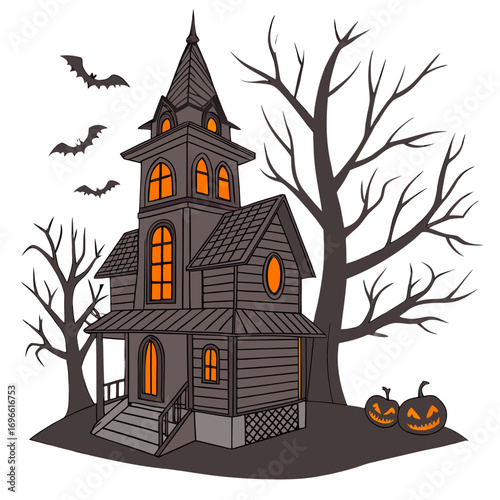 Spooky haunted house with jack o lanterns and bats on halloween night