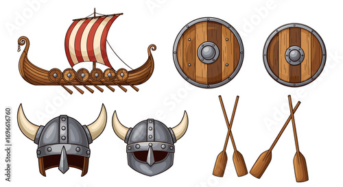 Viking Set Illustration: Longship, Shields, Helmets, and Oars on White