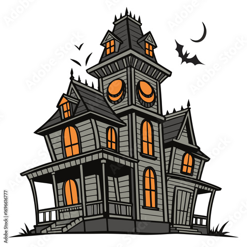 Spooky haunted house with orange glowing windows and bats