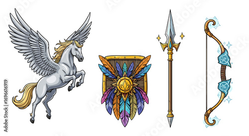 Fantasy Illustration Featuring a Pegasus, Shield, Spear, and Magical Bow