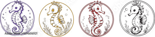 Cute cartoon seahorse silhouette simple line art coloring page for kids