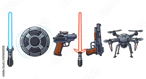 Cartoon Illustration Featuring Various Weaponry and Futuristic Technology on White Background