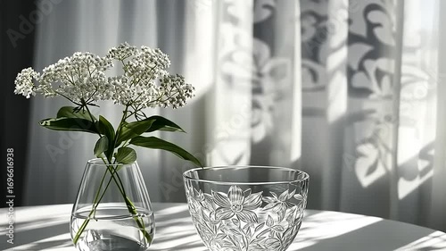 Delicate floral arrangement in crystal vase and floral engraved bowl under natural light