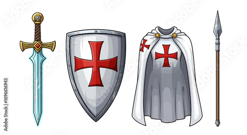 Cartoon Knight Templar Arms and Armor on a White Background