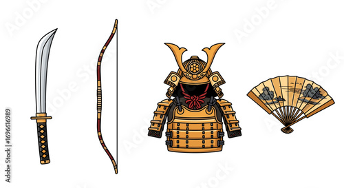 Collection of Traditional Japanese Samurai Weaponry and Artifacts on White Background
