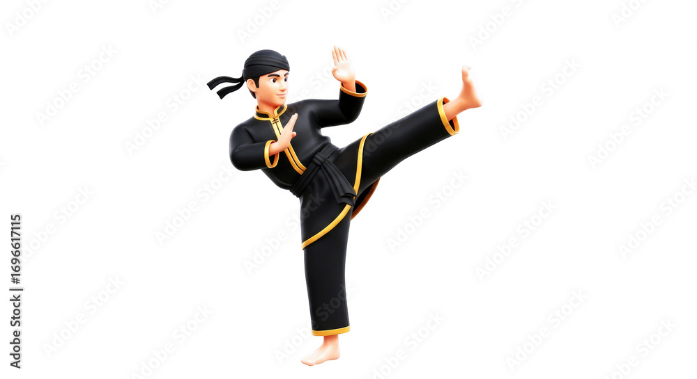 Obraz premium pencak silat master dynamic spinning hook kick, agile power, black and gold uniform, indonesian martial art, isolated on transparent background