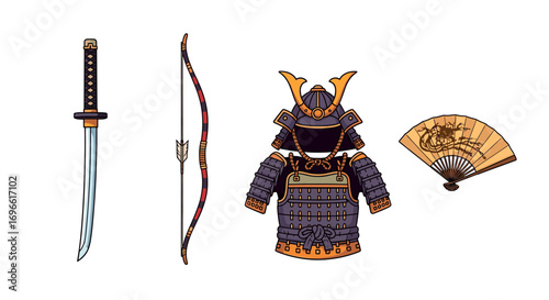 Traditional Japanese Samurai Weapons and Gear Isolated on White
