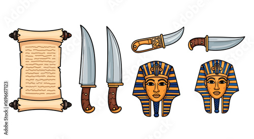 Ancient Egyptian artifacts: scroll, knives, pharaoh mask cartoon icons