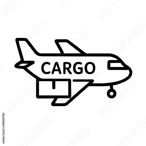 Black and white vector icon of a cargo airplane with “CARGO” text on its side, outline. Air freight, logistics, and goods transportation in aviation and shipping industries.