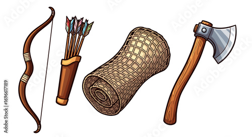 Cartoon Archery and Woodsman Tools Displayed on White Background