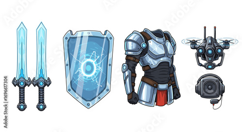 Futuristic Warrior Arsenal: Swords, Shield, Armor, Drone and Headset Concept