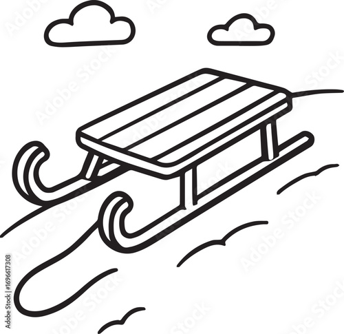 Winter Sledding Adventure: A black-and-white illustration capturing the essence of winter fun, featuring a classic sled poised on a snowy landscape, ready for a thrilling descent.