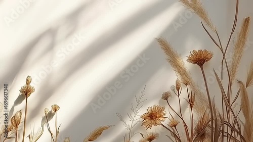 Tranquil botanical canvas with ethereal light and wispy golden floral elements