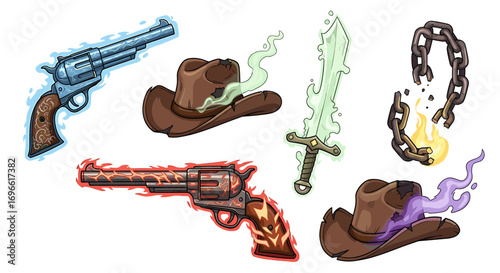 Cartoon Fantasy Item Collection Featuring Guns, Swords, Chains and Hats