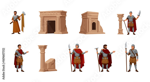 Ancient Civilization Elements: Warriors, Columns and Structures for Illustrations