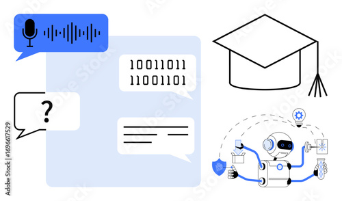 Speech bubble with voice recognition waveforms, binary code, chatbot managing tasks, and graduation cap. Ideal for education, AI, e-learning, technology, online tools automation and digital