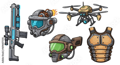 Sci-Fi Gear Set: Futuristic Weaponry and Armor Illustration