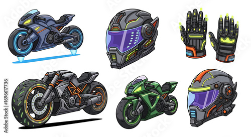 Sleek futuristic motorcycle gear set with advanced technology style
