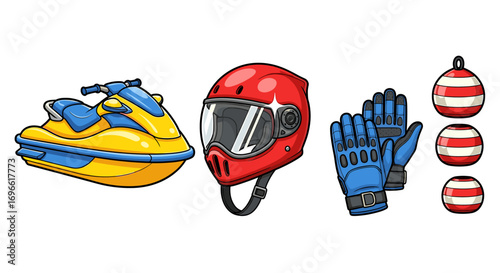 Exciting Watersports Cartoon Illustration Featuring Jet Ski, Helmet, Gloves, and Buoys