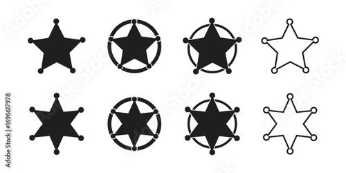 Sheriff badges collection star-shaped insignias with circular accents.