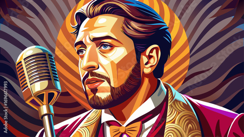 Close-up portrait of male opera singer holding vintage microphone. Isolated background highlights power, elegance, and emotion.