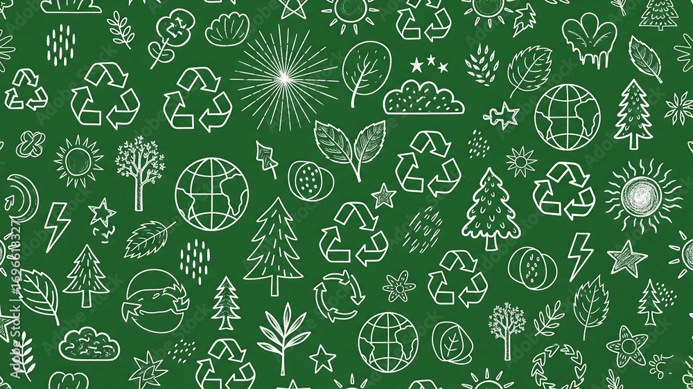 Naklejka premium Green earth day doodle pattern with nature icons