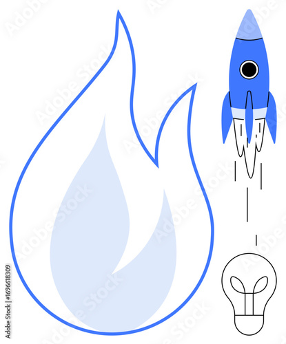 Blue rocket ascending alongside a stylized flame and bulb. Ideal for innovation, energy, startup growth, creativity, success, inspiration, futuristic ideas, simple flat metaphor