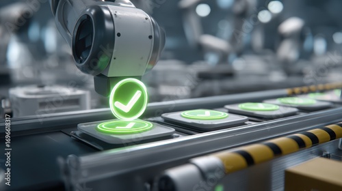 Automated Quality Control - Robotic Arm Inspecting Products on Conveyor Belt.
