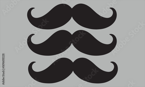 Three black handlebar mustaches arranged vertically on a gray background facial hair