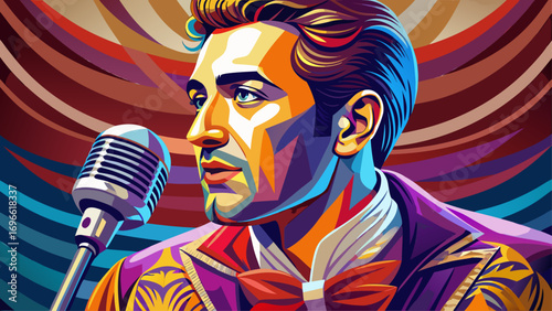 Close-up portrait of male opera singer holding vintage microphone. Isolated background highlights power, elegance, and emotion.