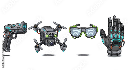 Cartoon Cyberpunk Items Collection Isolated on White Background