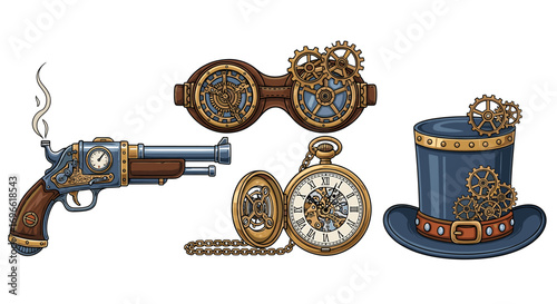 Steampunk Style Accessories: Goggles, Pocket Watch, Gun and Top Hat