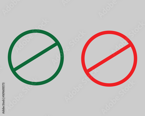 Two prohibition signs one green one red on a grey background circle