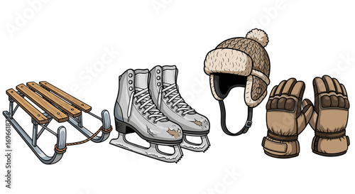 Charming cartoon winter sport equipment arrangement with sled, skates, hat, gloves