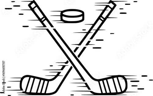 Crossed Hockey Sticks and Puck - Vector Outline Illustration