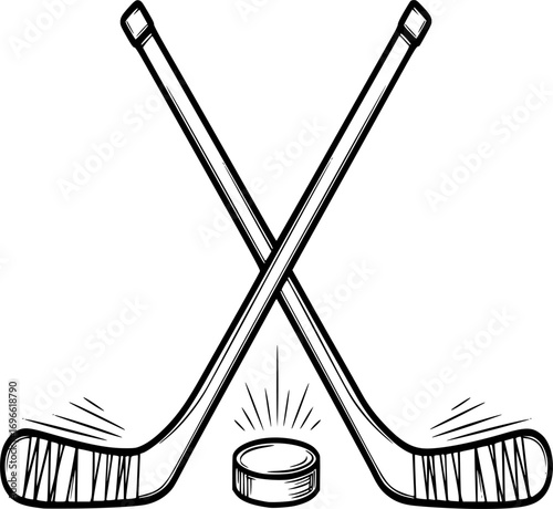 Crossed Hockey Sticks and Puck - Vector Outline Illustration