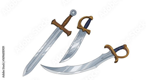 Three fantasy swords with diverse hilts and shining silver blades.