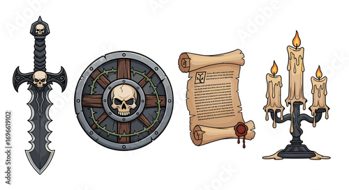 Grim fantasy still life with sword, shield, scroll, and candles