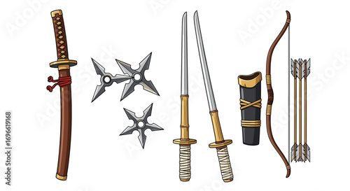 Assorted Ninja Weapons Featuring Katana, Bow, Arrows, and Throwing Stars